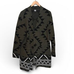 Frye Women’s open-front knit cardigan olive/army green/ black geometric patterns